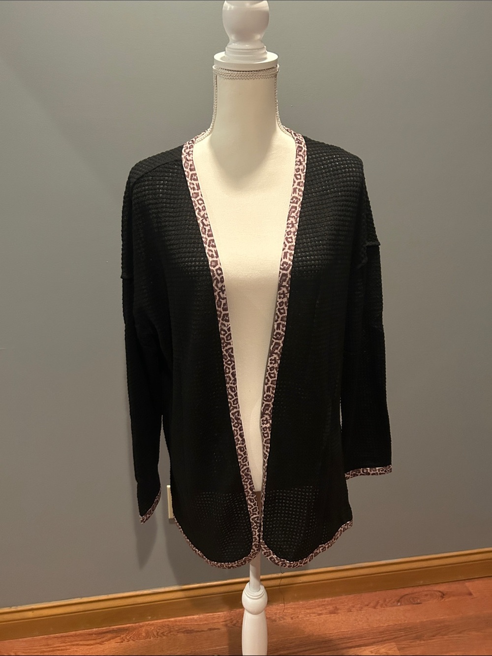 Black Open-Front Women's Cardigan with Leopard Trim